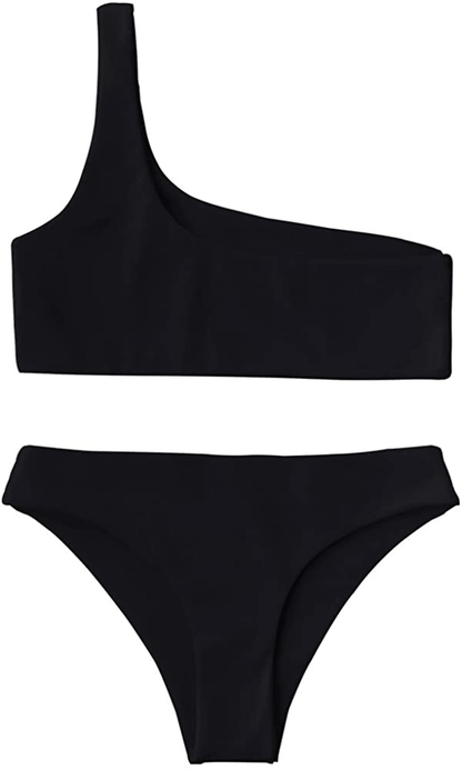 ZAFUL Women's One Shoulder Cut Out Ribbed Bandeau Bikini Set Two Piece Swimsuit Apparel & Accessories > Clothing > Swimwear ZAFUL R-black Medium 