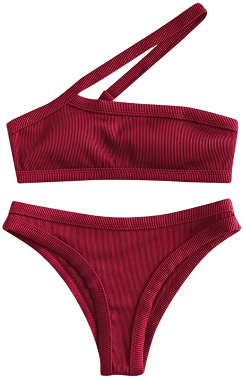 ZAFUL Women's One Shoulder Cut Out Ribbed Bandeau Bikini Set Two Piece Swimsuit Apparel & Accessories > Clothing > Swimwear ZAFUL Wine Red Small 