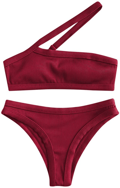 ZAFUL Women's One Shoulder Cut Out Ribbed Bandeau Bikini Set Two Piece Swimsuit Apparel & Accessories > Clothing > Swimwear ZAFUL Wine Red Small 