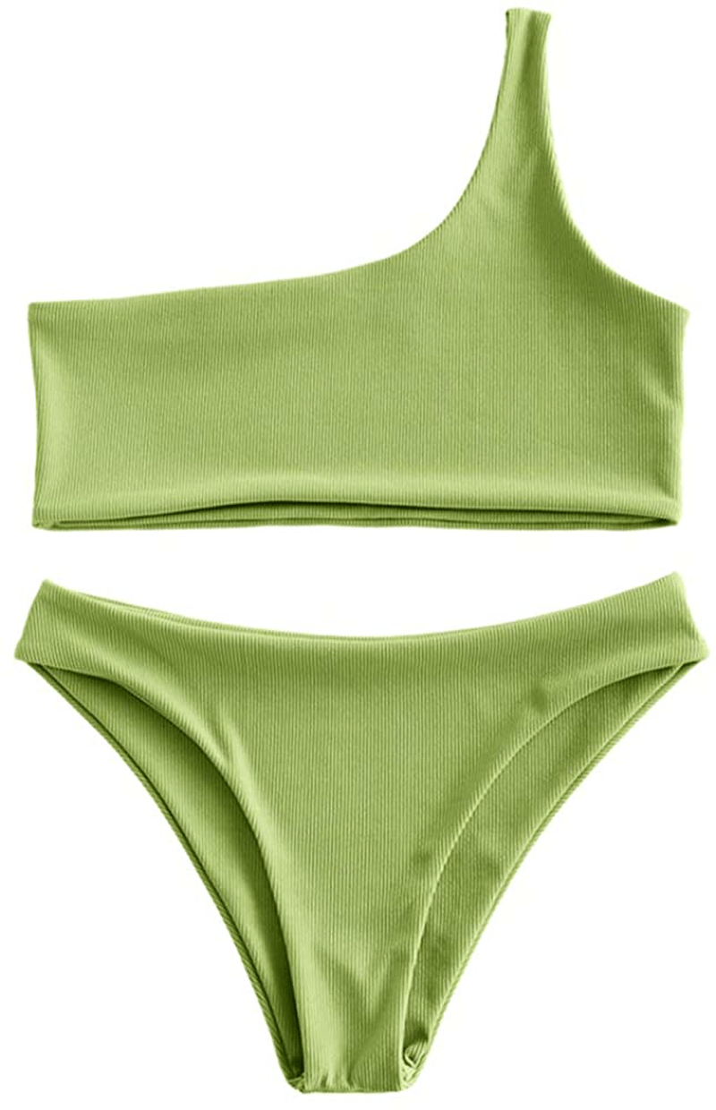 ZAFUL Women's One Shoulder Cut Out Ribbed Bandeau Bikini Set Two Piece Swimsuit Apparel & Accessories > Clothing > Swimwear ZAFUL Ribbed-green Large 