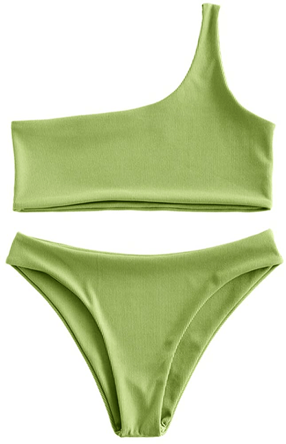 ZAFUL Women's One Shoulder Cut Out Ribbed Bandeau Bikini Set Two Piece Swimsuit Apparel & Accessories > Clothing > Swimwear ZAFUL Ribbed-green Large 