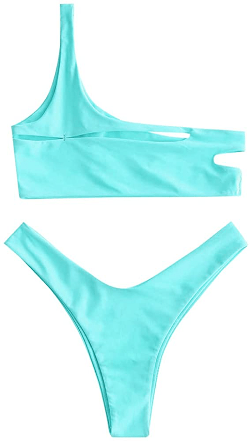 ZAFUL Women's One Shoulder Cut Out Ribbed Bandeau Bikini Set Two Piece Swimsuit Apparel & Accessories > Clothing > Swimwear ZAFUL Q-celeste Small 