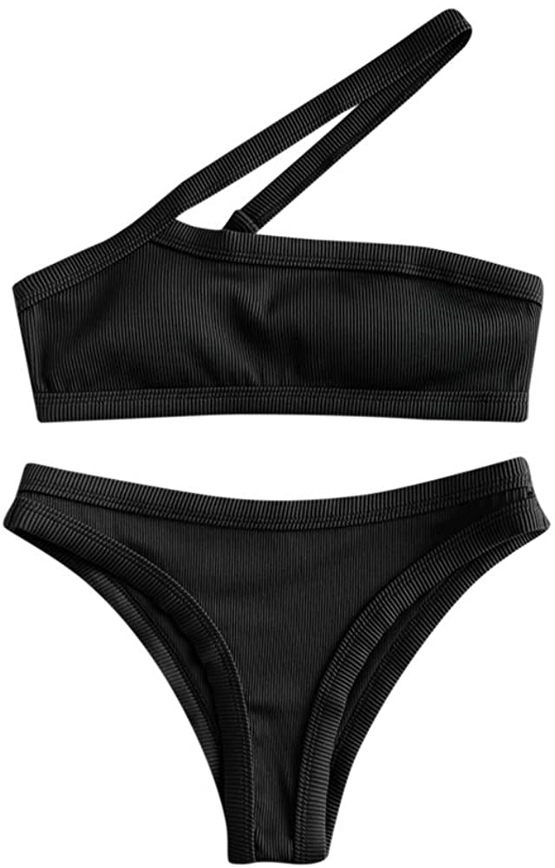 ZAFUL Women's One Shoulder Cut Out Ribbed Bandeau Bikini Set Two Piece Swimsuit Apparel & Accessories > Clothing > Swimwear ZAFUL P-black Small 