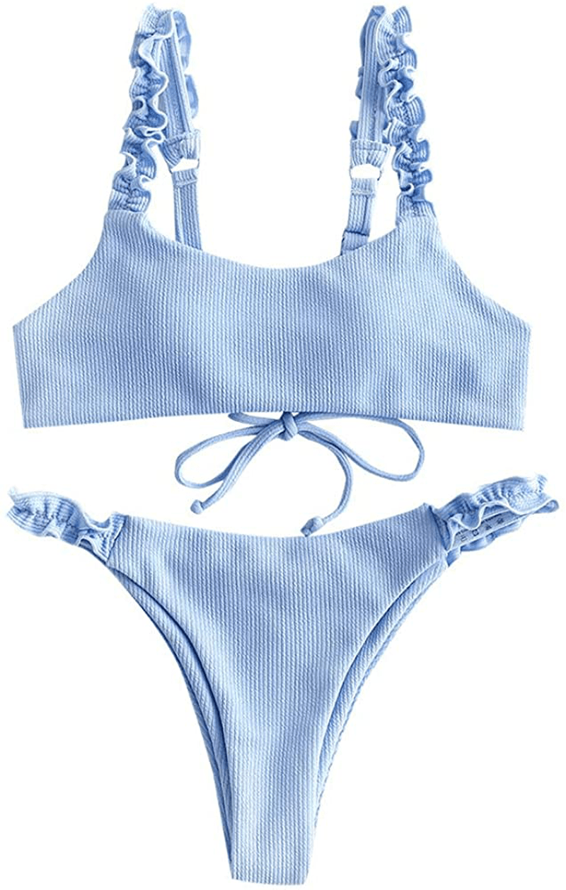 ZAFUL Women's One Shoulder Cut Out Ribbed Bandeau Bikini Set Two Piece Swimsuit Apparel & Accessories > Clothing > Swimwear ZAFUL Blue Large 