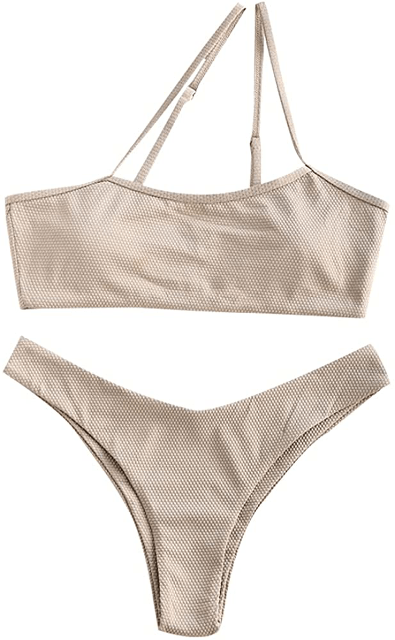 ZAFUL Women's One Shoulder Cut Out Ribbed Bandeau Bikini Set Two Piece Swimsuit Apparel & Accessories > Clothing > Swimwear ZAFUL A-light Yellow Large 