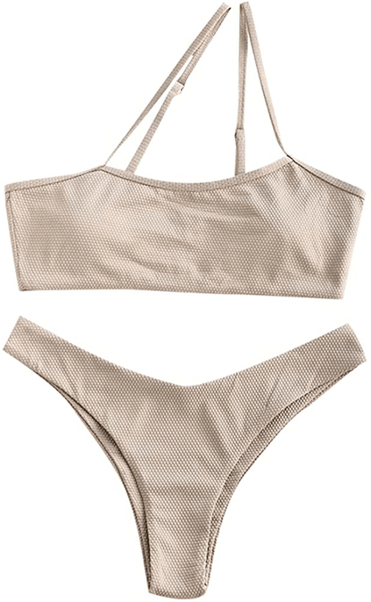 ZAFUL Women's One Shoulder Cut Out Ribbed Bandeau Bikini Set Two Piece Swimsuit Apparel & Accessories > Clothing > Swimwear ZAFUL A-light Yellow Large 