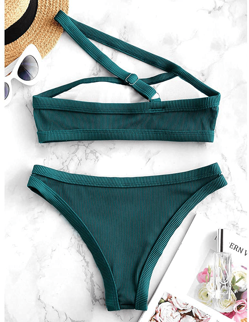 ZAFUL Women's One Shoulder Cut Out Ribbed Bandeau Bikini Set Two Piece Swimsuit Apparel & Accessories > Clothing > Swimwear ZAFUL   