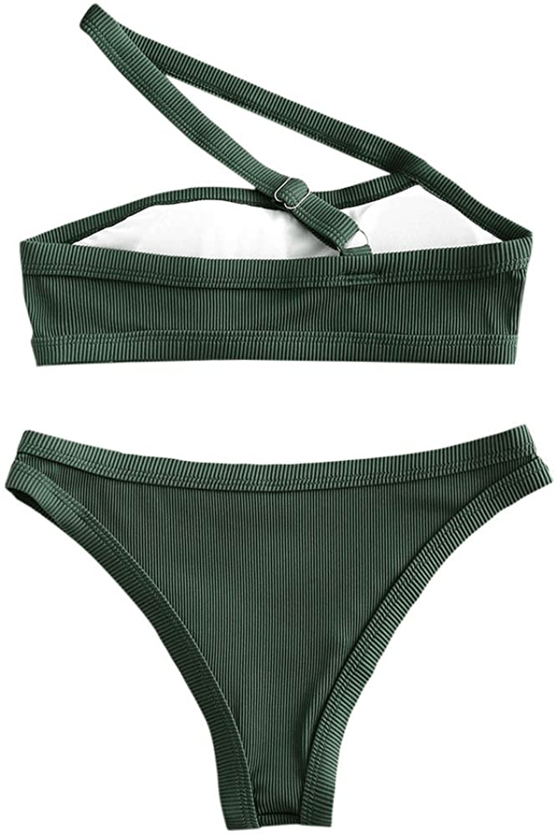 ZAFUL Women's One Shoulder Cut Out Ribbed Bandeau Bikini Set Two Piece Swimsuit Apparel & Accessories > Clothing > Swimwear ZAFUL   