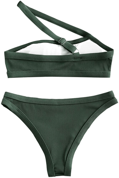 ZAFUL Women's One Shoulder Cut Out Ribbed Bandeau Bikini Set Two Piece Swimsuit Apparel & Accessories > Clothing > Swimwear ZAFUL   