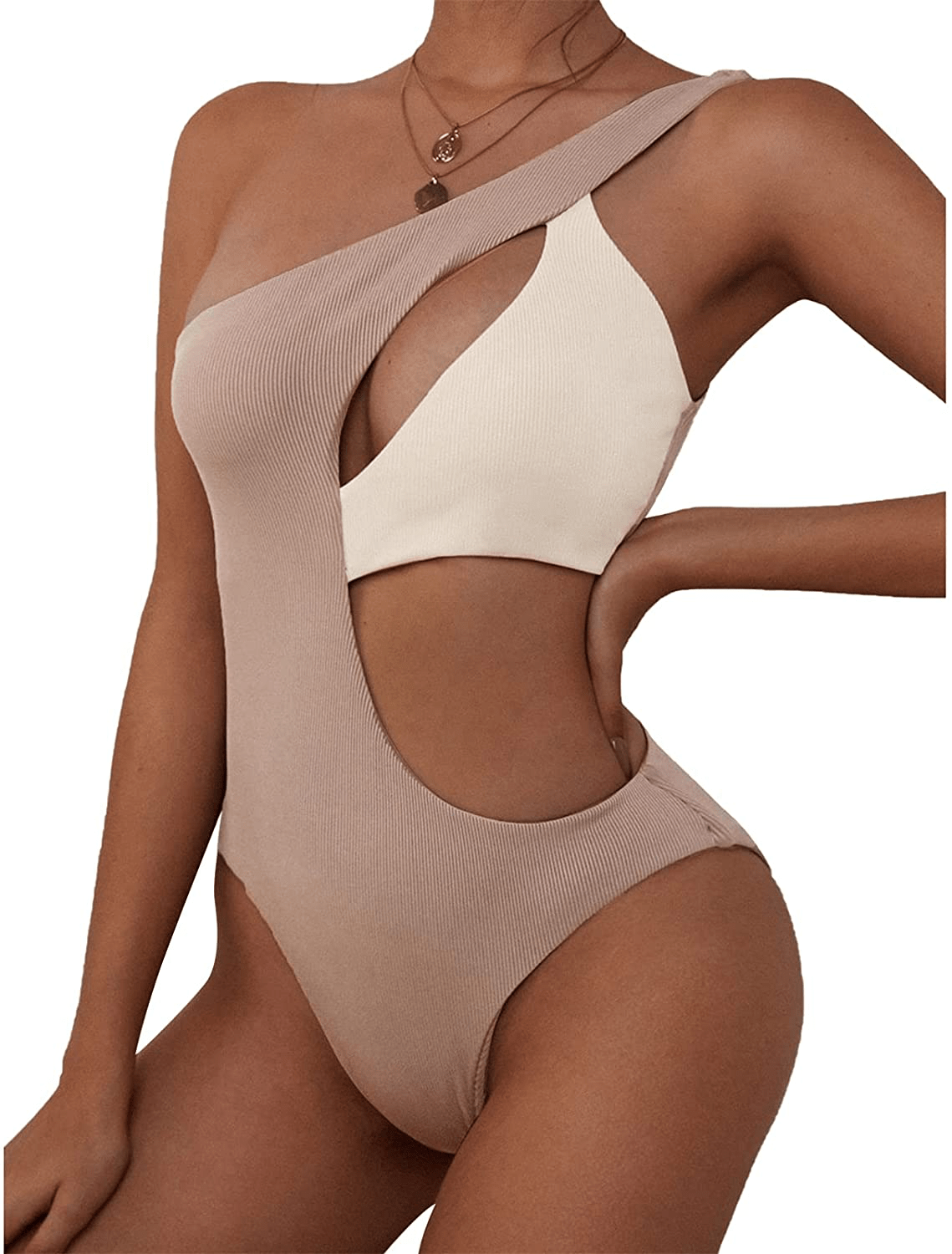 ZAFUL Women'S One Shoulder Ribbed Bikini Colorblock Cutout One-Piece Swimsuit Swimwear Apparel & Accessories > Clothing > Swimwear Kylie Max   