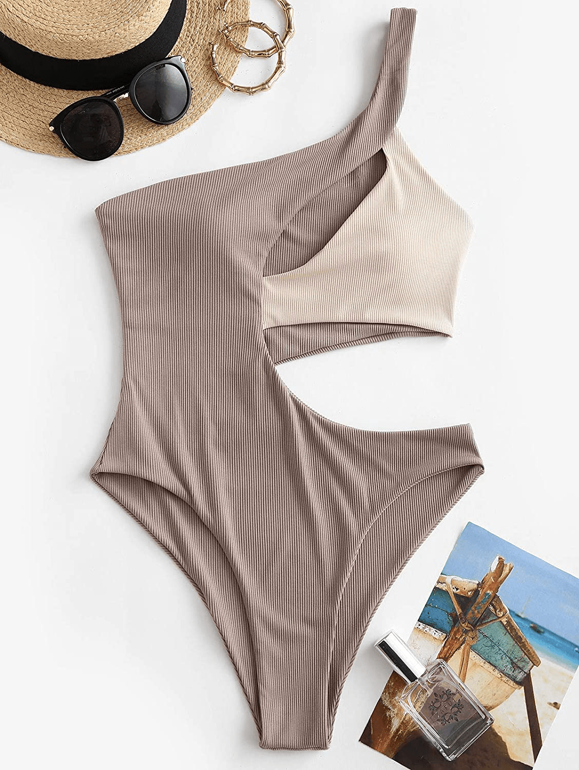 ZAFUL Women'S One Shoulder Ribbed Bikini Colorblock Cutout One-Piece Swimsuit Swimwear Apparel & Accessories > Clothing > Swimwear Kylie Max   