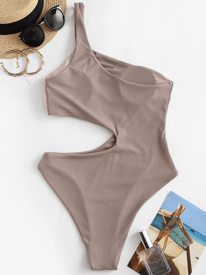 ZAFUL Women'S One Shoulder Ribbed Bikini Colorblock Cutout One-Piece Swimsuit Swimwear Apparel & Accessories > Clothing > Swimwear Kylie Max   
