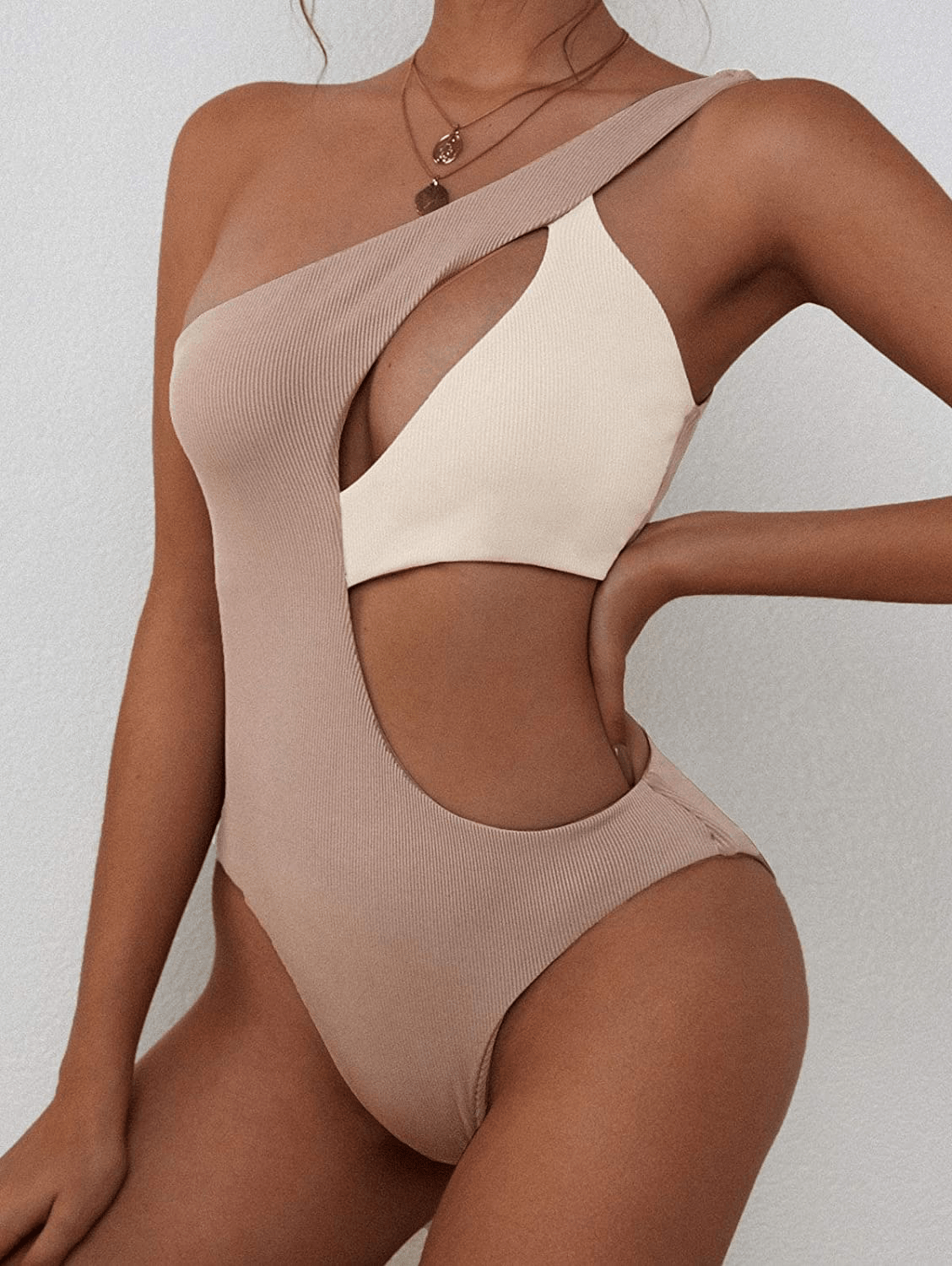 ZAFUL Women'S One Shoulder Ribbed Bikini Colorblock Cutout One-Piece Swimsuit Swimwear Apparel & Accessories > Clothing > Swimwear Kylie Max   
