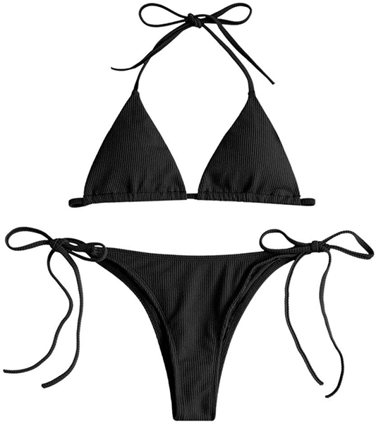ZAFUL Women's Ribbed Braided String Bikini Lace Up Criss Cross Swimsuit Square Collar High Cut Bathing Suit Apparel & Accessories > Clothing > Swimwear ZAFUL Black Small 