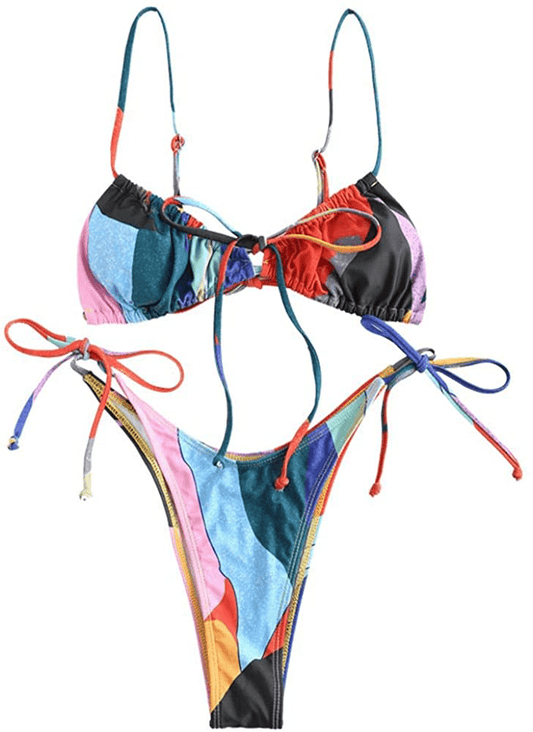 ZAFUL Women's Ribbed Braided String Bikini Lace Up Criss Cross Swimsuit Square Collar High Cut Bathing Suit Apparel & Accessories > Clothing > Swimwear ZAFUL Multicoloured X-Large 