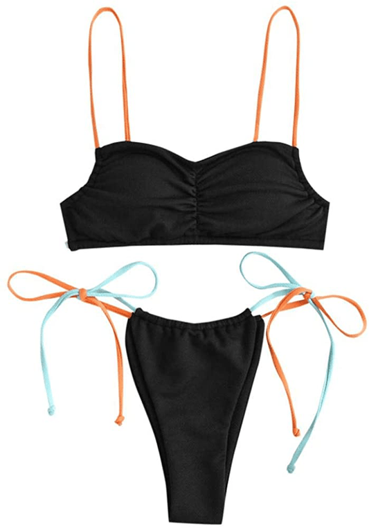 ZAFUL Women's Ribbed Braided String Bikini Lace Up Criss Cross Swimsuit Square Collar High Cut Bathing Suit Apparel & Accessories > Clothing > Swimwear ZAFUL Black-1 Small 