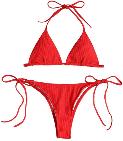ZAFUL Women's Ribbed Braided String Bikini Lace Up Criss Cross Swimsuit Square Collar High Cut Bathing Suit Apparel & Accessories > Clothing > Swimwear ZAFUL Red Medium 