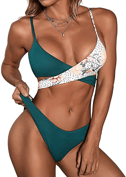 ZAFUL Women's Ribbed Braided String Bikini Lace Up Criss Cross Swimsuit Square Collar High Cut Bathing Suit Apparel & Accessories > Clothing > Swimwear ZAFUL Green-2 XX-Large 