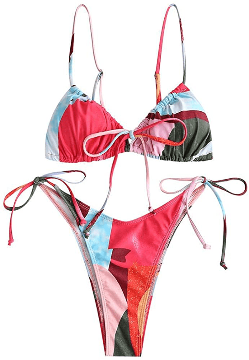 ZAFUL Women's Ribbed Braided String Bikini Lace Up Criss Cross Swimsuit Square Collar High Cut Bathing Suit Apparel & Accessories > Clothing > Swimwear ZAFUL Multicolour-1 Large 