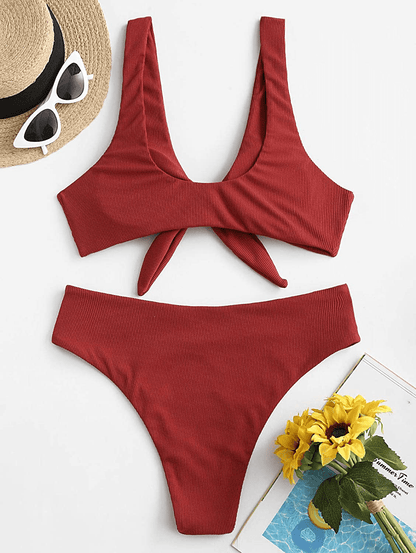 ZAFUL Women's Ribbed Tie Front Knot Bikini High Waisted Bikini Ditsy Floral High Cut Bikini Swimsuit Apparel & Accessories > Clothing > Swimwear ZAFUL   