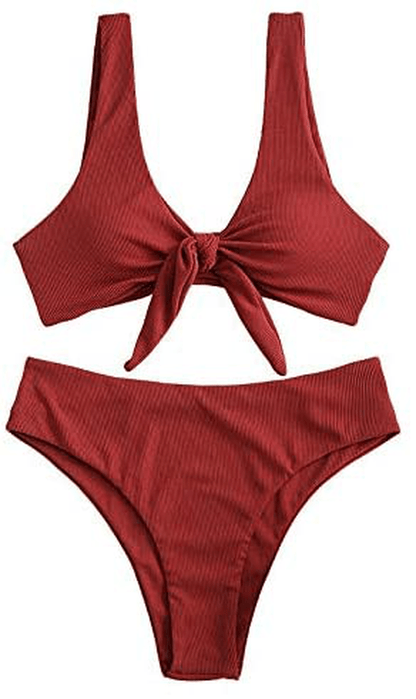 ZAFUL Women's Ribbed Tie Front Knot Bikini High Waisted Bikini Ditsy Floral High Cut Bikini Swimsuit Apparel & Accessories > Clothing > Swimwear ZAFUL   