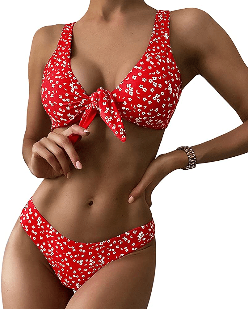 ZAFUL Women's Ribbed Tie Front Knot Bikini High Waisted Bikini Ditsy Floral High Cut Bikini Swimsuit Apparel & Accessories > Clothing > Swimwear ZAFUL Red Large 
