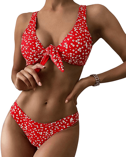 ZAFUL Women's Ribbed Tie Front Knot Bikini High Waisted Bikini Ditsy Floral High Cut Bikini Swimsuit Apparel & Accessories > Clothing > Swimwear ZAFUL Red Large 