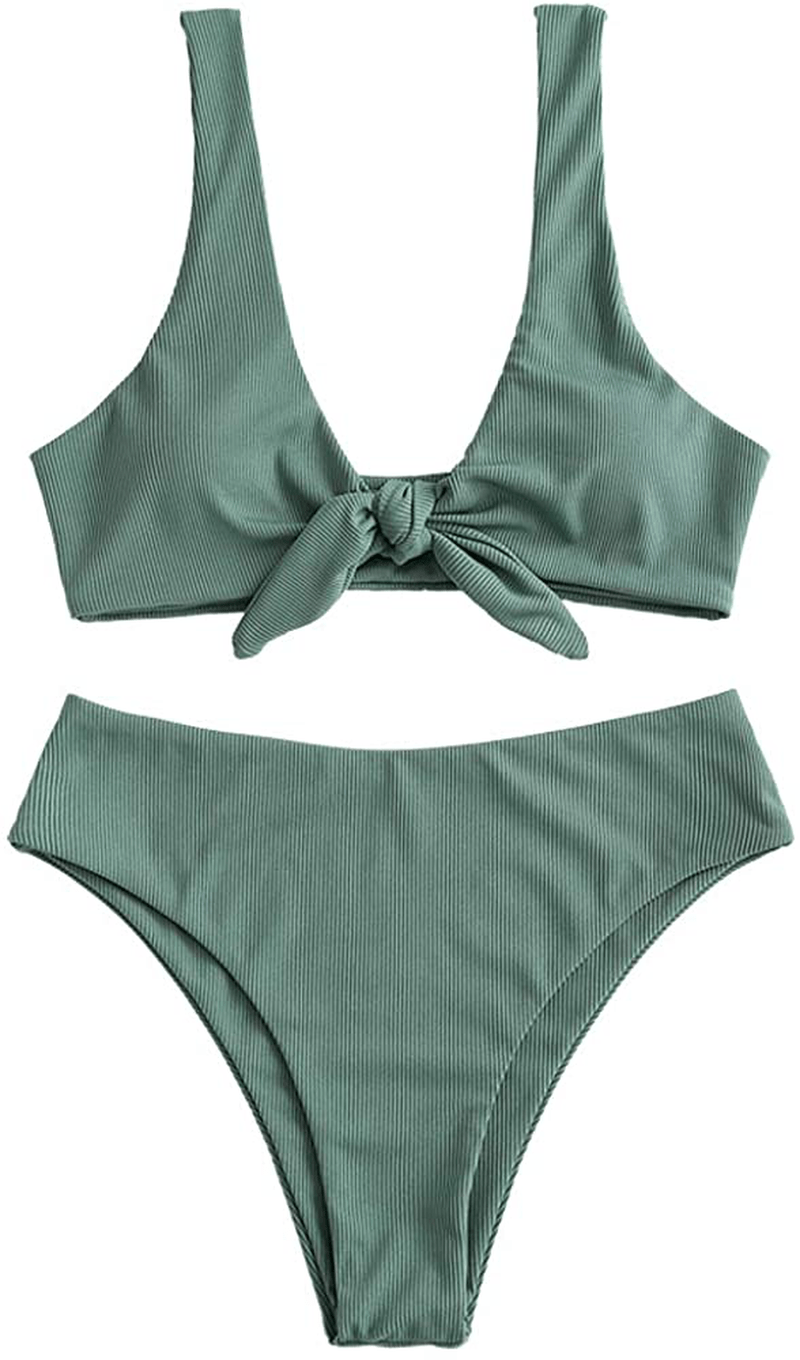 ZAFUL Women's Ribbed Tie Front Knot Bikini High Waisted Bikini Ditsy Floral High Cut Bikini Swimsuit Apparel & Accessories > Clothing > Swimwear ZAFUL Green-1 Large 