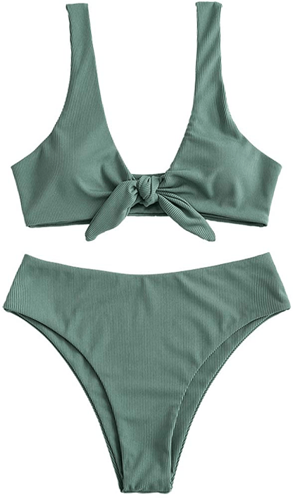 ZAFUL Women's Ribbed Tie Front Knot Bikini High Waisted Bikini Ditsy Floral High Cut Bikini Swimsuit Apparel & Accessories > Clothing > Swimwear ZAFUL Green-1 Large 