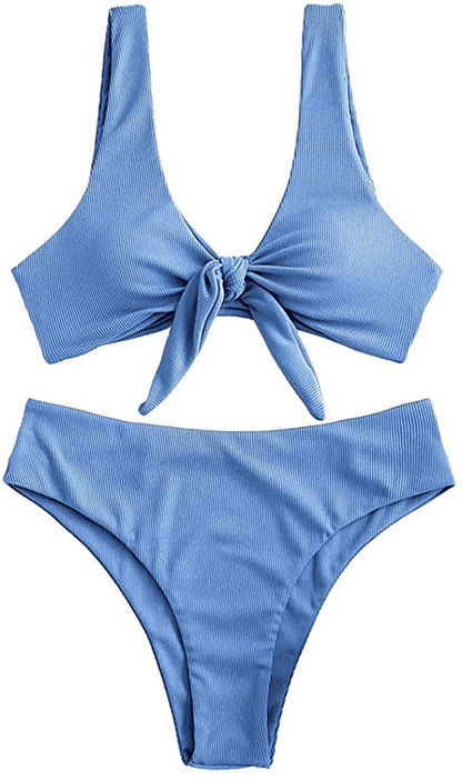 ZAFUL Women's Ribbed Tie Front Knot Bikini High Waisted Bikini Ditsy Floral High Cut Bikini Swimsuit Apparel & Accessories > Clothing > Swimwear ZAFUL Blue% Large 