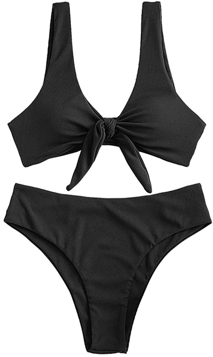ZAFUL Women's Ribbed Tie Front Knot Bikini High Waisted Bikini Ditsy Floral High Cut Bikini Swimsuit Apparel & Accessories > Clothing > Swimwear ZAFUL Black-1 Large 
