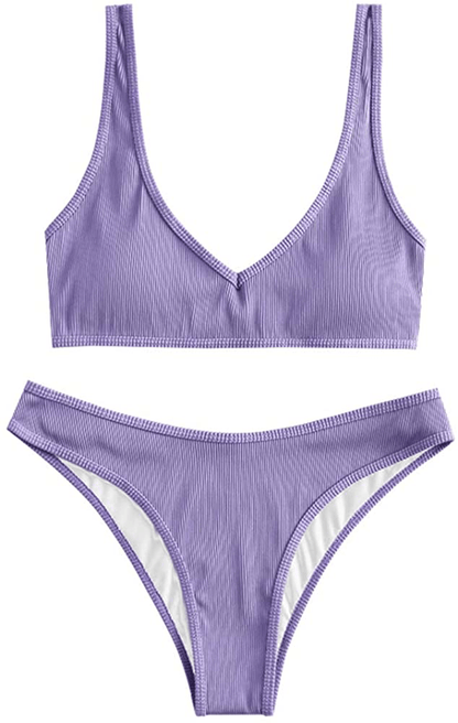 ZAFUL Women's Scoop Neck Padded Printed High Cut Bikini Set Two Piece Swimsuit Apparel & Accessories > Clothing > Swimwear ZAFUL A-mauve Small 