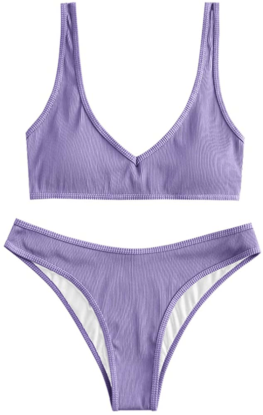 ZAFUL Women's Scoop Neck Padded Printed High Cut Bikini Set Two Piece Swimsuit Apparel & Accessories > Clothing > Swimwear ZAFUL A-mauve Small 