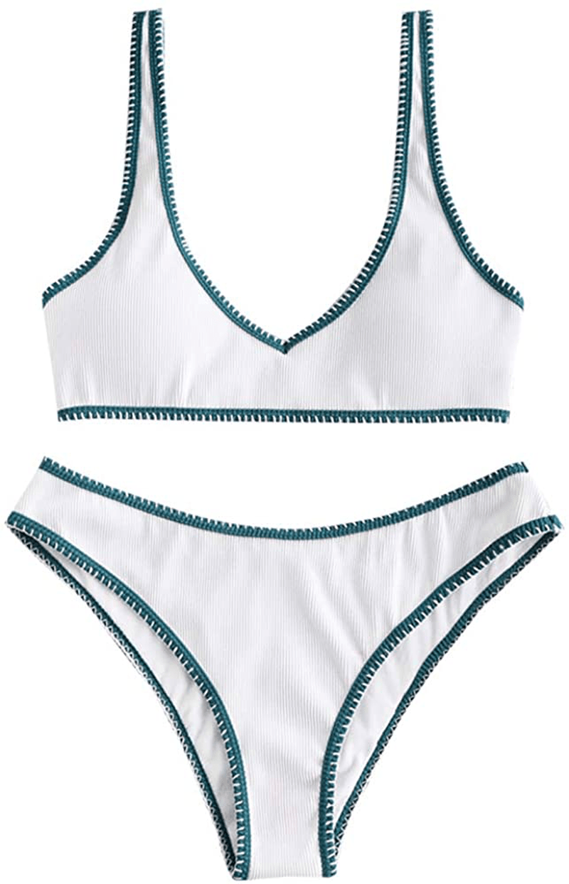 ZAFUL Women's Scoop Neck Padded Printed High Cut Bikini Set Two Piece Swimsuit Apparel & Accessories > Clothing > Swimwear ZAFUL F-white Medium 