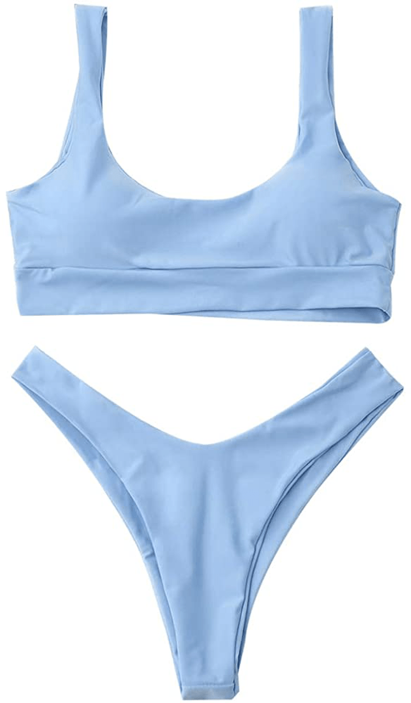 ZAFUL Women's Scoop Neck Padded Printed High Cut Bikini Set Two Piece Swimsuit Apparel & Accessories > Clothing > Swimwear ZAFUL C-blue Small 
