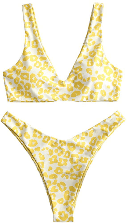 ZAFUL Women's Scoop Neck Padded Printed High Cut Bikini Set Two Piece Swimsuit Apparel & Accessories > Clothing > Swimwear ZAFUL B-yellow Medium 