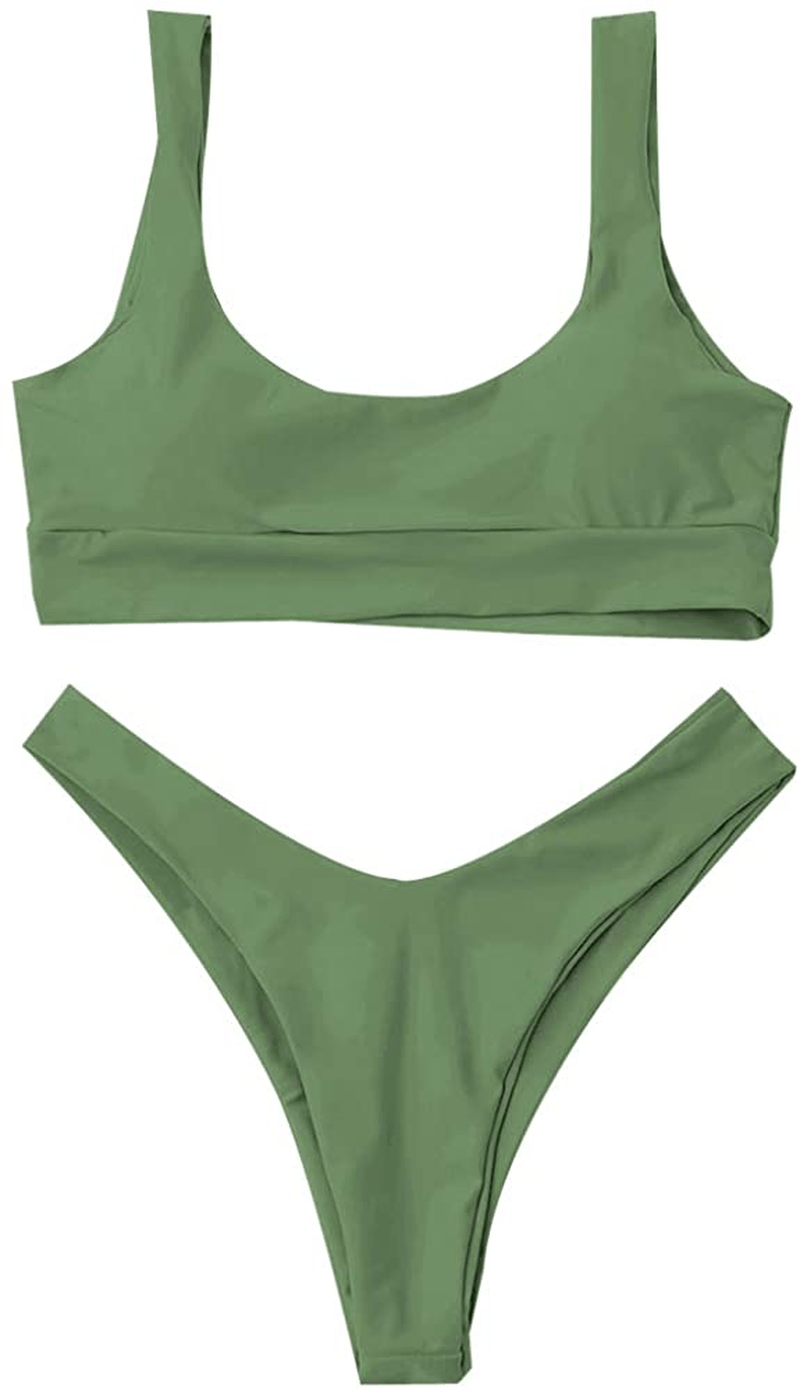 ZAFUL Women's Scoop Neck Padded Printed High Cut Bikini Set Two Piece Swimsuit Apparel & Accessories > Clothing > Swimwear ZAFUL C-green Small 