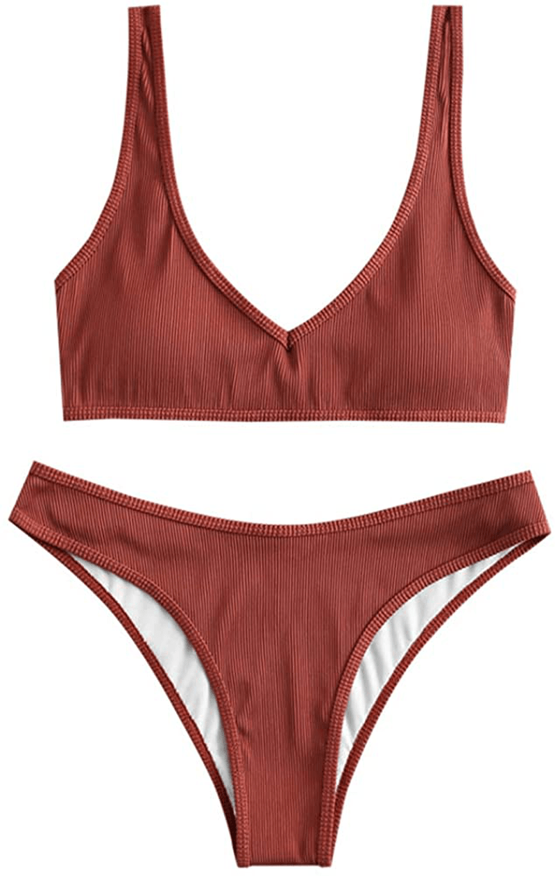 ZAFUL Women's Scoop Neck Padded Printed High Cut Bikini Set Two Piece Swimsuit Apparel & Accessories > Clothing > Swimwear ZAFUL A-sepia Large 