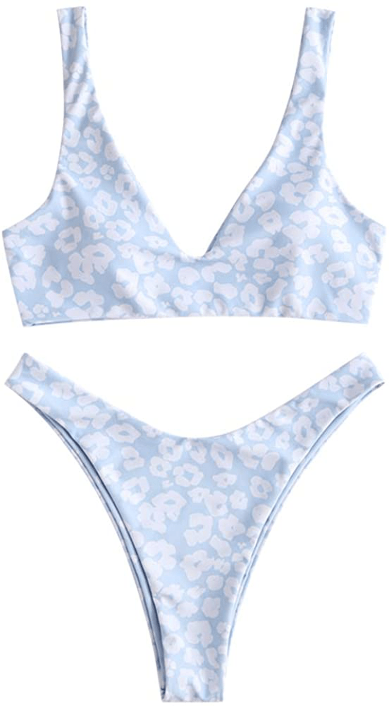 ZAFUL Women's Scoop Neck Padded Printed High Cut Bikini Set Two Piece Swimsuit Apparel & Accessories > Clothing > Swimwear ZAFUL B-light Blue Medium 