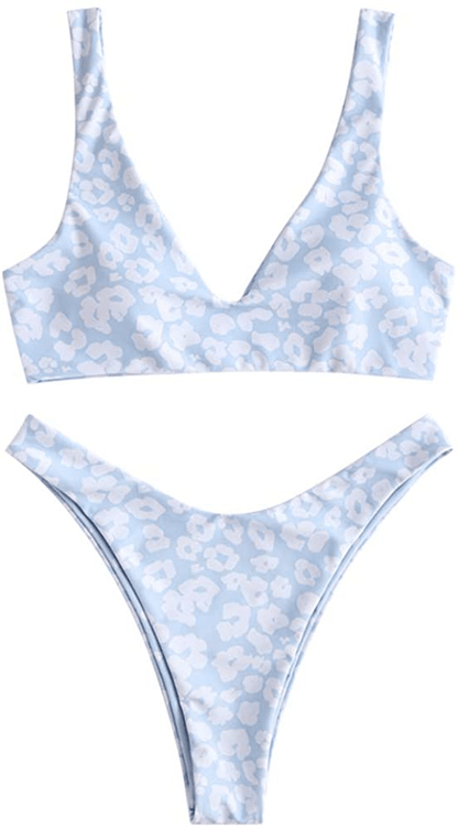 ZAFUL Women's Scoop Neck Padded Printed High Cut Bikini Set Two Piece Swimsuit Apparel & Accessories > Clothing > Swimwear ZAFUL B-light Blue Medium 