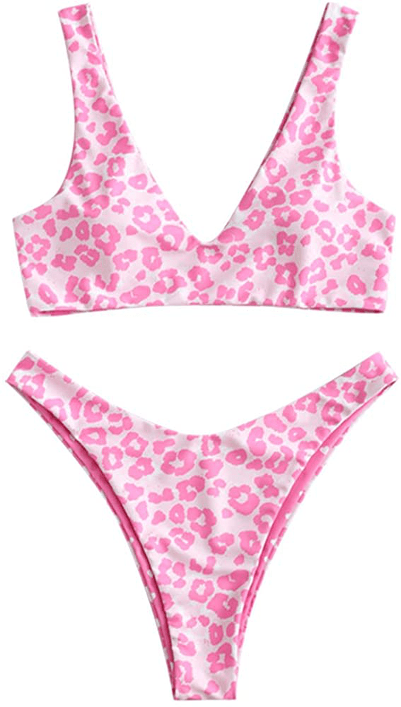 ZAFUL Women's Scoop Neck Padded Printed High Cut Bikini Set Two Piece Swimsuit Apparel & Accessories > Clothing > Swimwear ZAFUL B-pink Small 