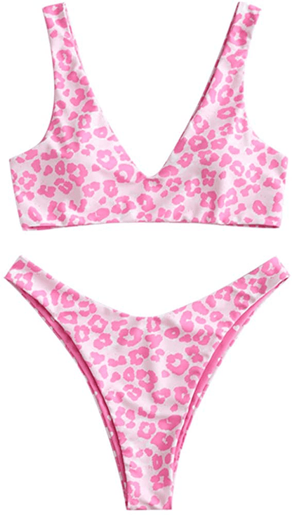 ZAFUL Women's Scoop Neck Padded Printed High Cut Bikini Set Two Piece Swimsuit Apparel & Accessories > Clothing > Swimwear ZAFUL B-pink Small 