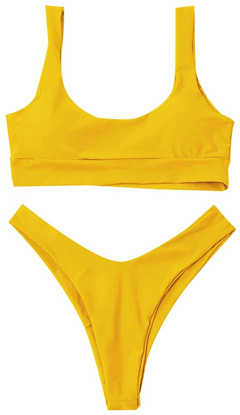 ZAFUL Women's Scoop Neck Padded Printed High Cut Bikini Set Two Piece Swimsuit Apparel & Accessories > Clothing > Swimwear ZAFUL C-yellow Small 