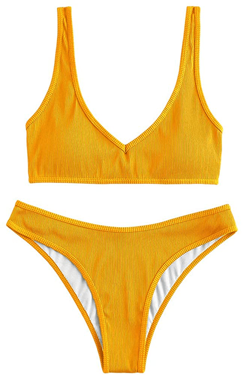 ZAFUL Women's Scoop Neck Padded Printed High Cut Bikini Set Two Piece Swimsuit Apparel & Accessories > Clothing > Swimwear ZAFUL A-yellow Large 