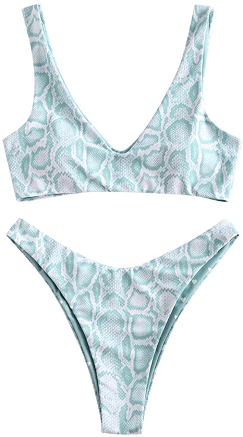 ZAFUL Women's Scoop Neck Padded Printed High Cut Bikini Set Two Piece Swimsuit Apparel & Accessories > Clothing > Swimwear ZAFUL B-blue Medium 