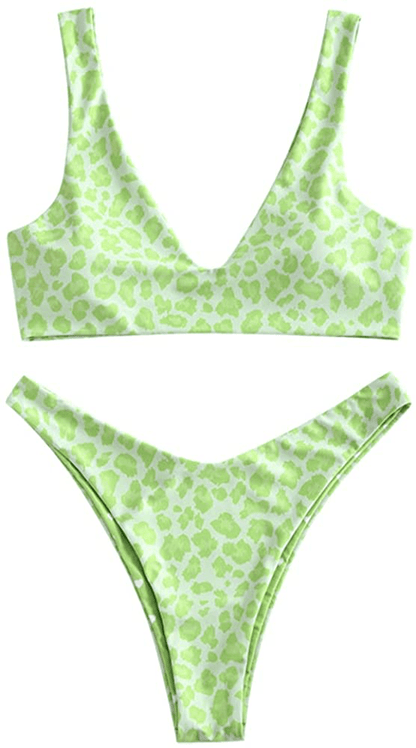ZAFUL Women's Scoop Neck Padded Printed High Cut Bikini Set Two Piece Swimsuit Apparel & Accessories > Clothing > Swimwear ZAFUL B-light Green Large 