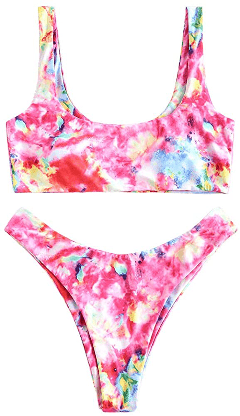 ZAFUL Women's Scoop Neck Padded Printed High Cut Bikini Set Two Piece Swimsuit Apparel & Accessories > Clothing > Swimwear ZAFUL E-rose Red Small 