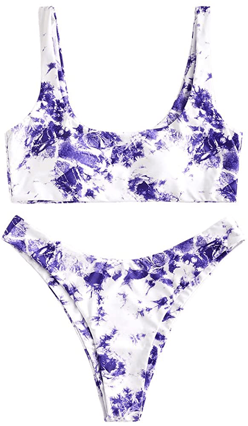 ZAFUL Women's Scoop Neck Padded Printed High Cut Bikini Set Two Piece Swimsuit Apparel & Accessories > Clothing > Swimwear ZAFUL E-purple Medium 