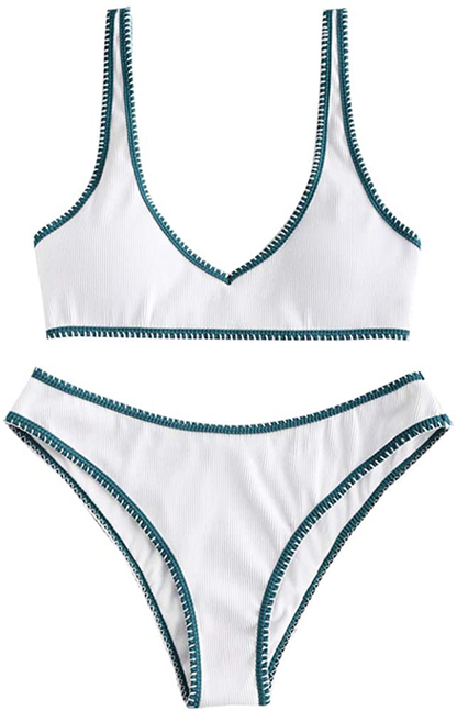 ZAFUL Women's Scoop Neck Padded Printed High Cut Bikini Set Two Piece Swimsuit Apparel & Accessories > Clothing > Swimwear ZAFUL F-white Medium 