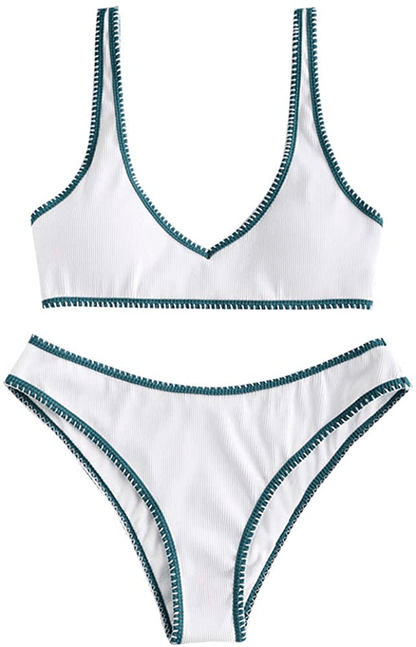 ZAFUL Women's Scoop Neck Padded Printed High Cut Bikini Set Two Piece Swimsuit Apparel & Accessories > Clothing > Swimwear ZAFUL F-white Medium 